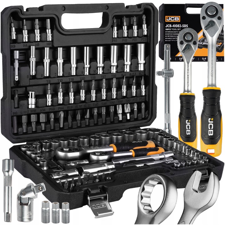 Set unelte 108 elemente JCB, din otel Cr-V, gratar cu 72 de dinti, valiza solida