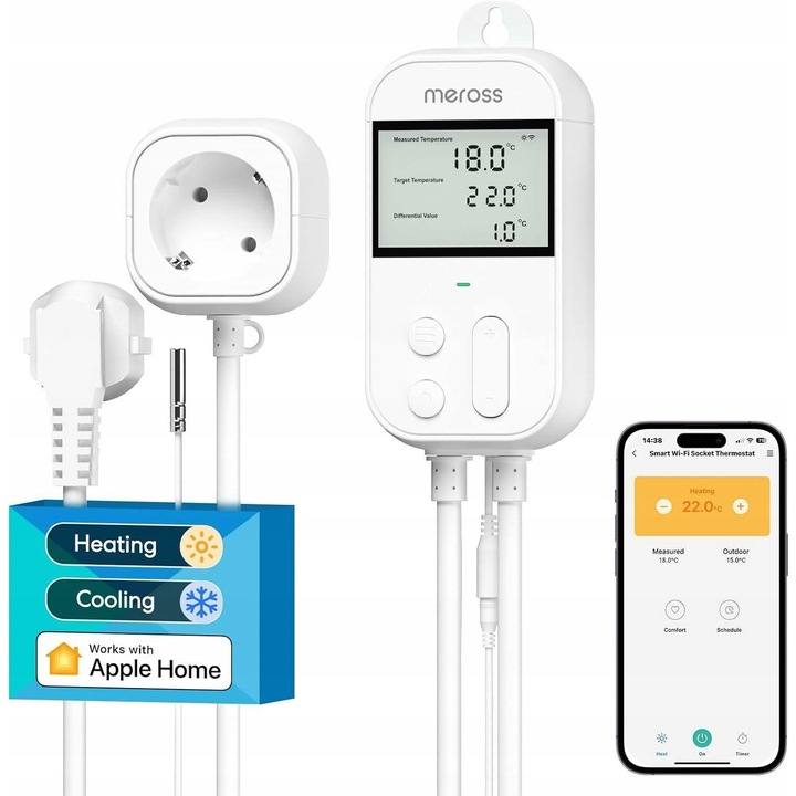 Termostat inteligent Wi-Fi Meross MTS960, set, control temperatura -30~110°C, 16A, 150cm