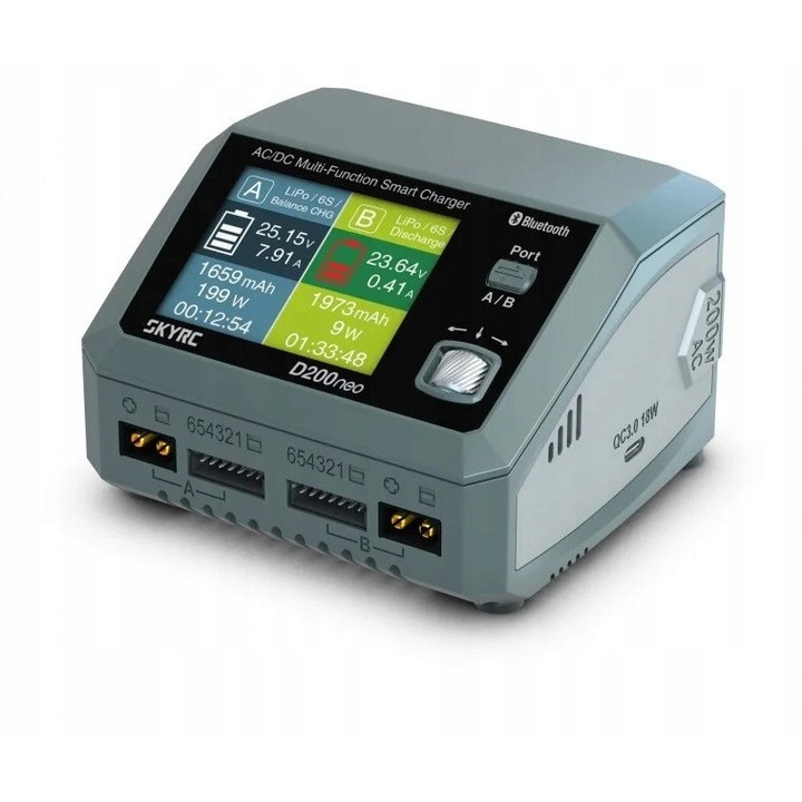 Incarcator dual pentru baterii SkyRC D200neo, 200W AC, 800W DC, USB-C PD, 116x110x79mm, 602g