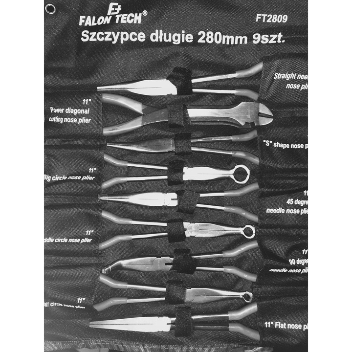 9 darabos hosszú fogó készlet 280mm, Falon-Tech, egyenes, hajlított, többszínű