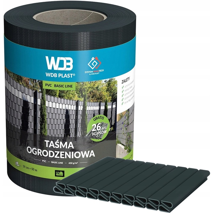 Tasma ogrodzeniowa WDB Plast 19x50m, gri, set cu 20 clipe