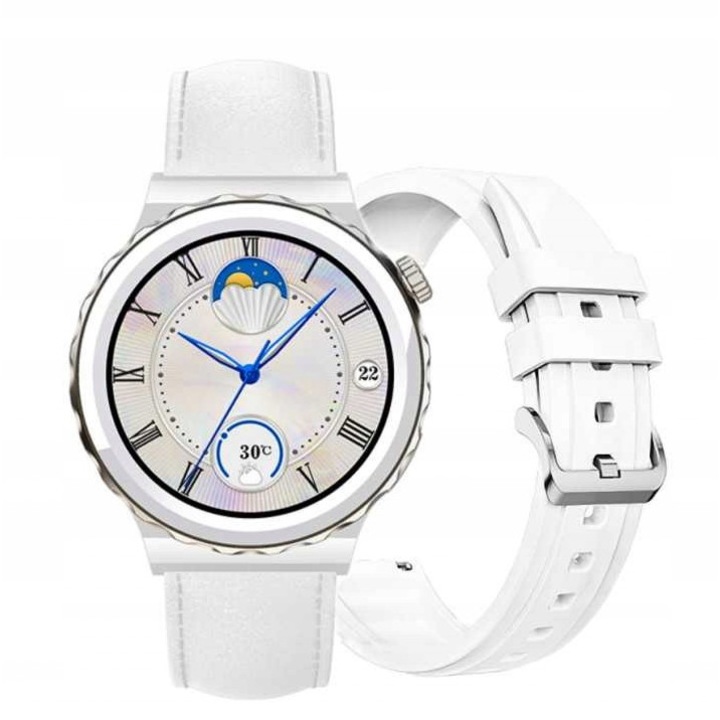 Smartwatch femeiesc GT3 Pro, alb-silver, cu curea din piele si curea din silicon, 42mm, functii de monitorizare a sanatatii, IP67