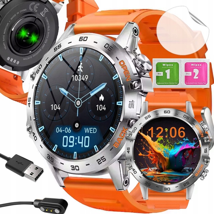 Ceas inteligent barbati, model PRO 2024, functii EKG, waterproof IP68, culoare argintie cu bratara portocalie, set complet