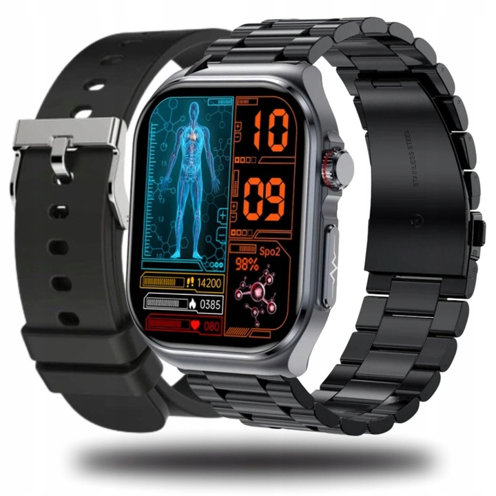 Smartwatch Rubicon RNCF36, negru, bratara metalica, senzor de glucoza, monitorizare sanatate, ecran AMOLED 2.04"