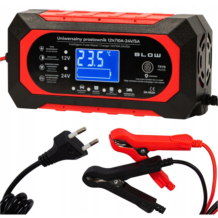 Redresor auto Blow 12V/24V 10A cu functie de reparare, compact, LCD, 158x95x62mm