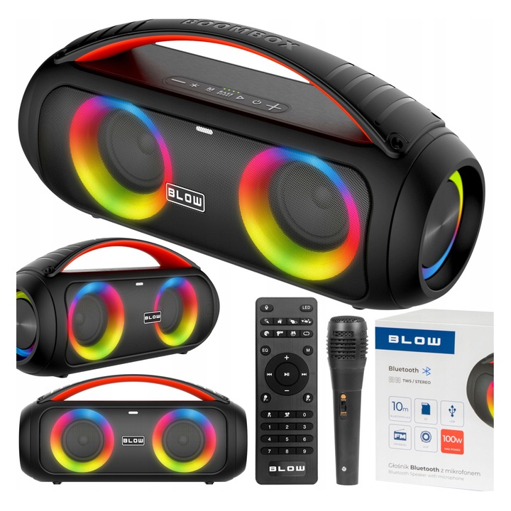 Boxa portabila Bluetooth BLOW 100W, neagra, conectivitate USB si Micro SD