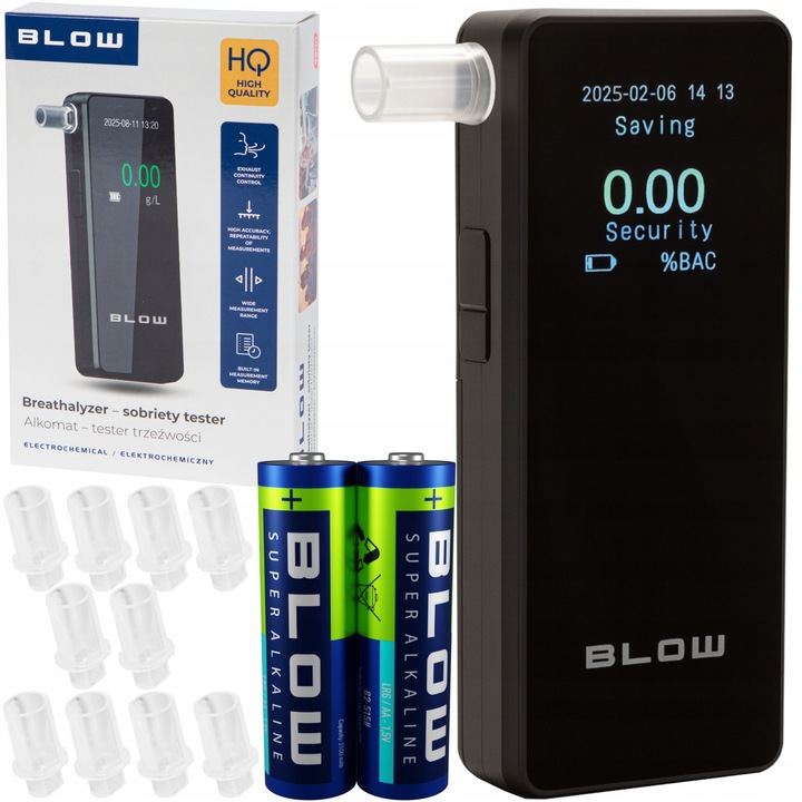 Alkometru BLOW electrochimic, calibrare pro, 10 ustniki, 117x35x18,8mm