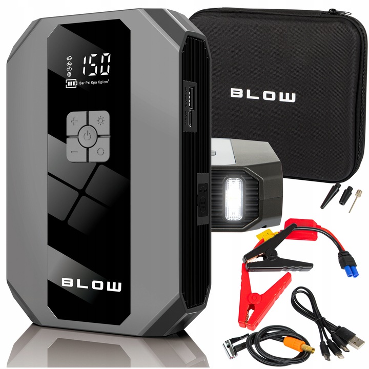 Compresor auto BLOW cu Jump Starter si Powerbank 16000mAh, presiune 150 PSI, dimensiuni 210x134x51,8mm, set complet cu etui