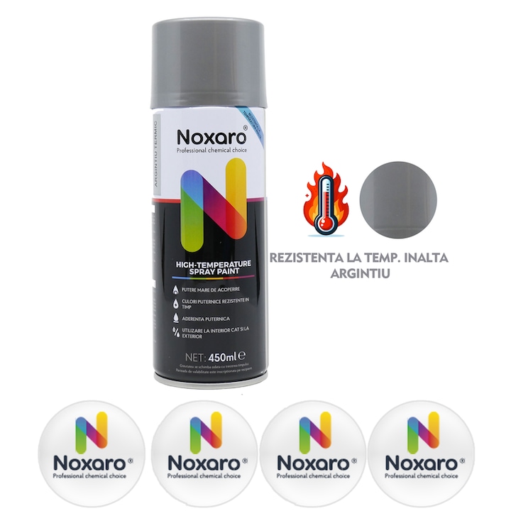 Vopsea spray rezistenta la temperatura inalta Argintiu, NOXARO, Cantitate 450ml, 4x Stickere