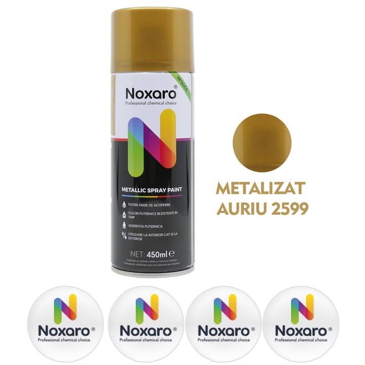Vopsea spray metalizat Auriu 2599, NOXARO, Cantitate 450ml, 4x Stickere