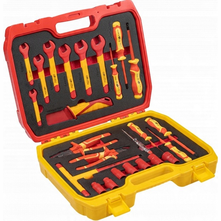 Set unelte izolate 25 piese Falon-Tech 1000 V, surubelnite, clesti, chei, cutie de transport