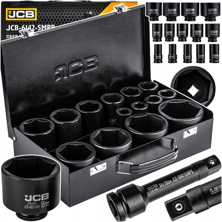 Комплект 14 ударни ключа 3/4" JCB 17-65мм с адаптер, стомана Cr-Mo