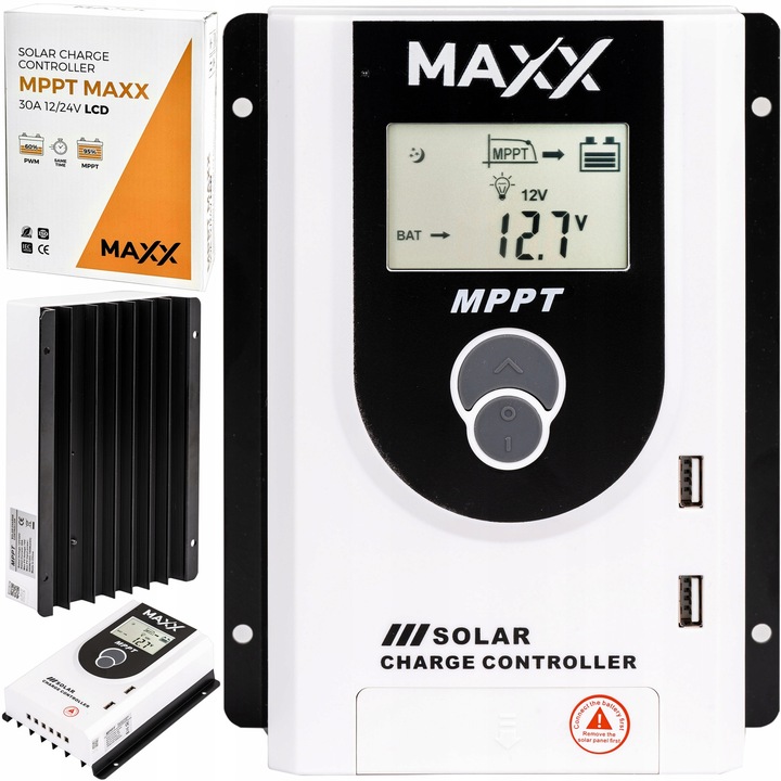 Regulator solar MAXX 30A 12V/24V MPPT cu panou LCD, dimensiuni 194x145x60mm, protectie IP30