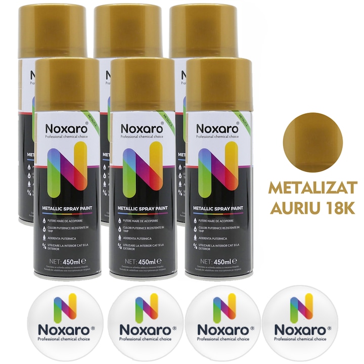 Set 6 Vopsea spray metalizat Auriu 18k, NOXARO, Cantitate 450ml, 4x Stickere