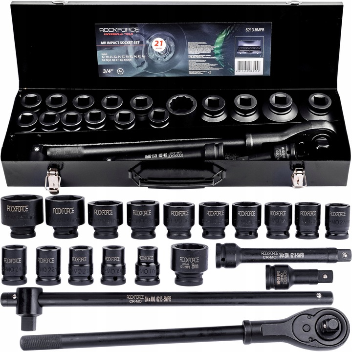 Комплект ключове с вложки Rockforce 3/4'', 6-стенни, 17-50 мм, 12-стенна вложка 36 мм, метални, 21 части