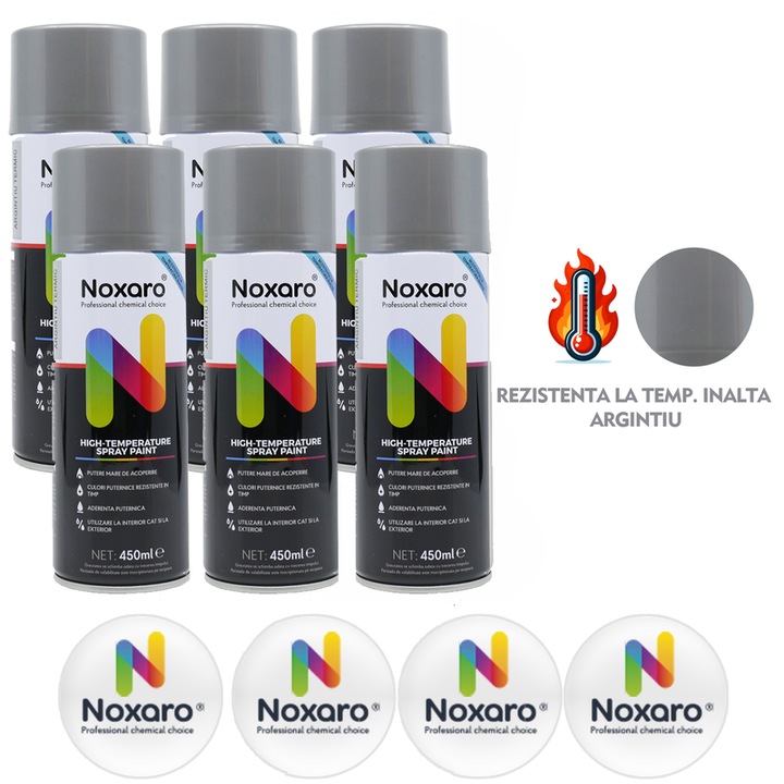 Set 6 Vopsea spray rezistenta la temperatura inalta Argintiu, NOXARO, Cantitate 450ml, 4x Stickere