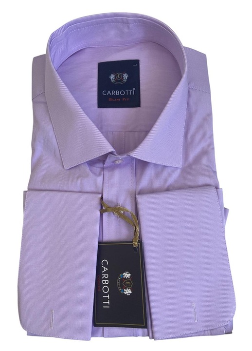 Férfi hosszú ujjú ing, mandzsettás, lila csíkos, L méret, pamut-poliészter anyag