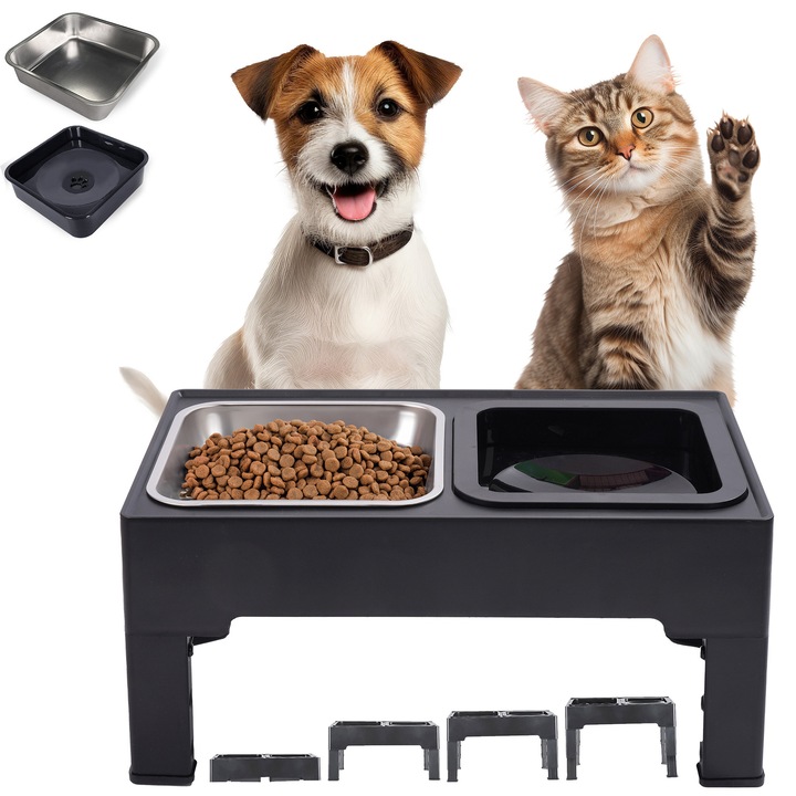 Set 2 boluri pentru animale cu inaltime reglabila, JUMI, otel inoxidabil, negru, 8-29cm x 43cm x 25cm