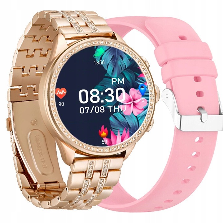 Smartwatch Smart-Trend, roz, set cu bratara siliconica si bransoleta, functii sport, monitorizare puls, 43x43x11.5mm