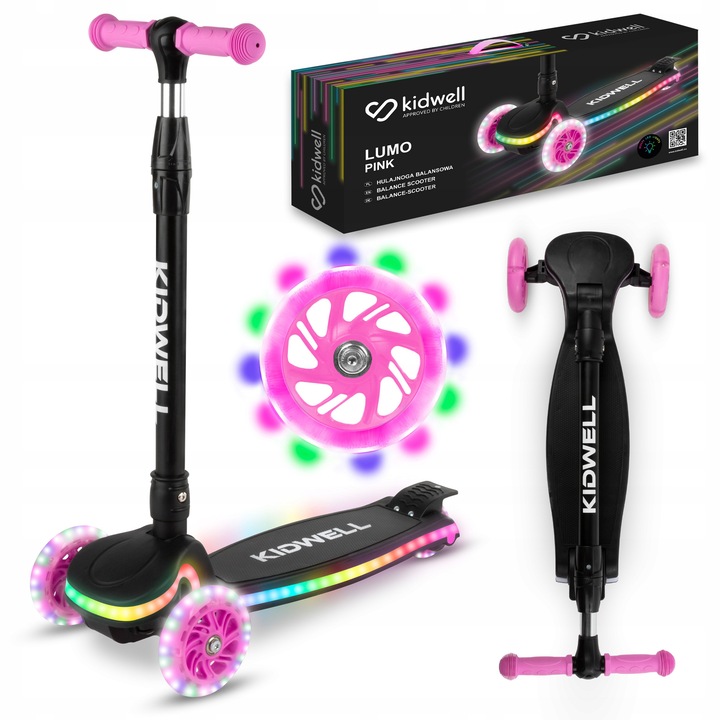 Trotineta Kidwell Lumo, roz, cu roti LED, pentru copii 3-8 ani, 95-130 cm, 2,75 kg