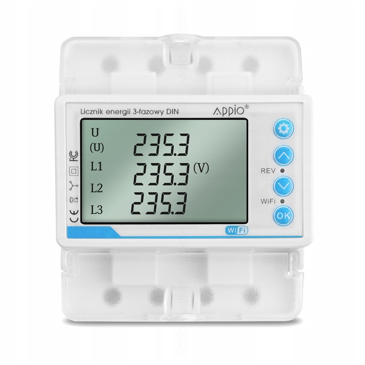 Contor de energie electrica 3-fazic, Appio, monitorizare in timp real, protectie la supratensiune, 89,5x75,3x76mm