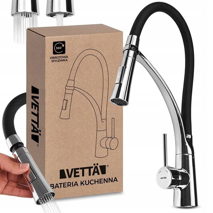 Baterie bucatarie VETTA, model VETTA-051, negru mat, inaltime 43,5cm, cu wylewka mobila, set complet.