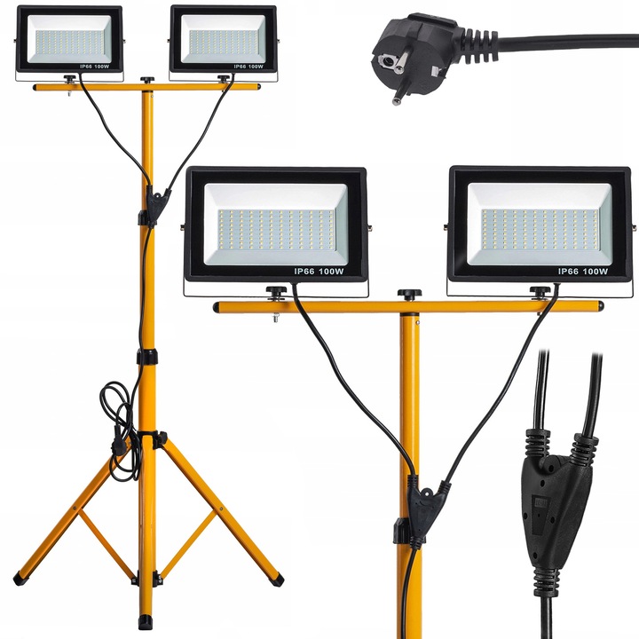 Комплект LED прожектор 200W с регулируем статив, жълт 62x158см, 2x100W, неутрална светлина IP66