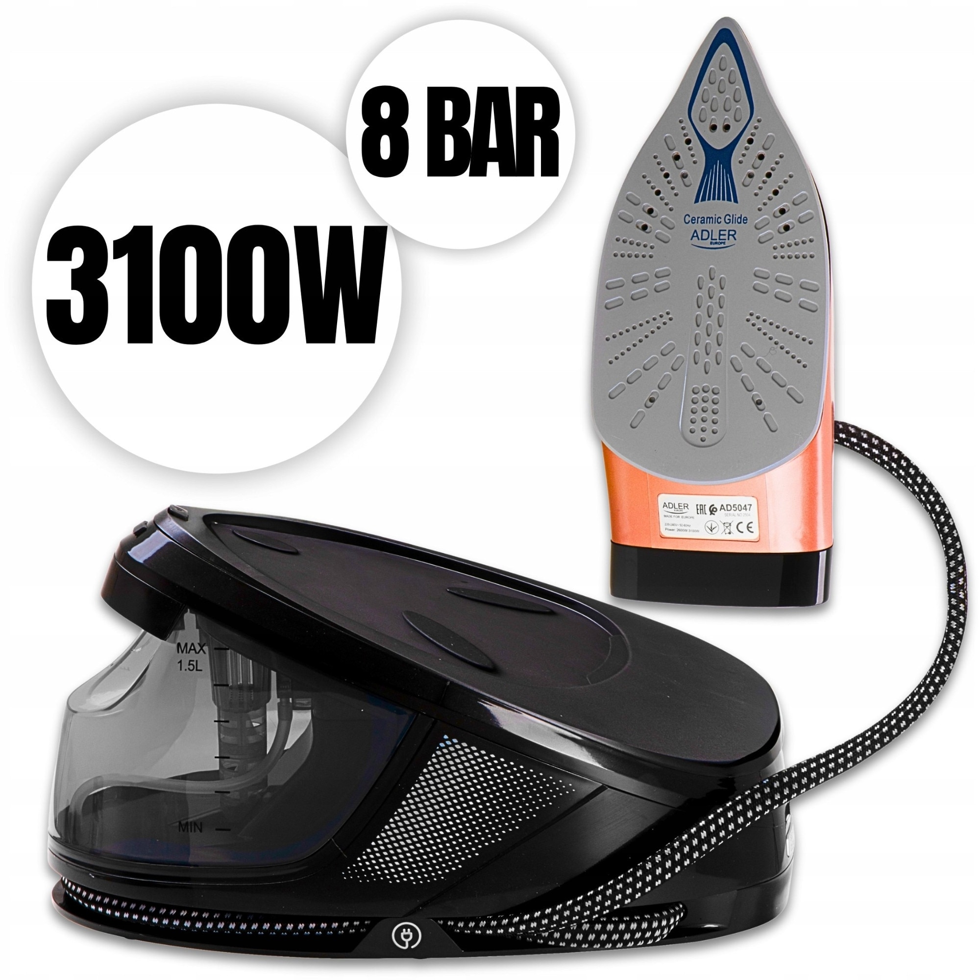 Generator de aburi Adler, 3100W, 8 bar, 600 g/min, ceramica, 1,5 L
