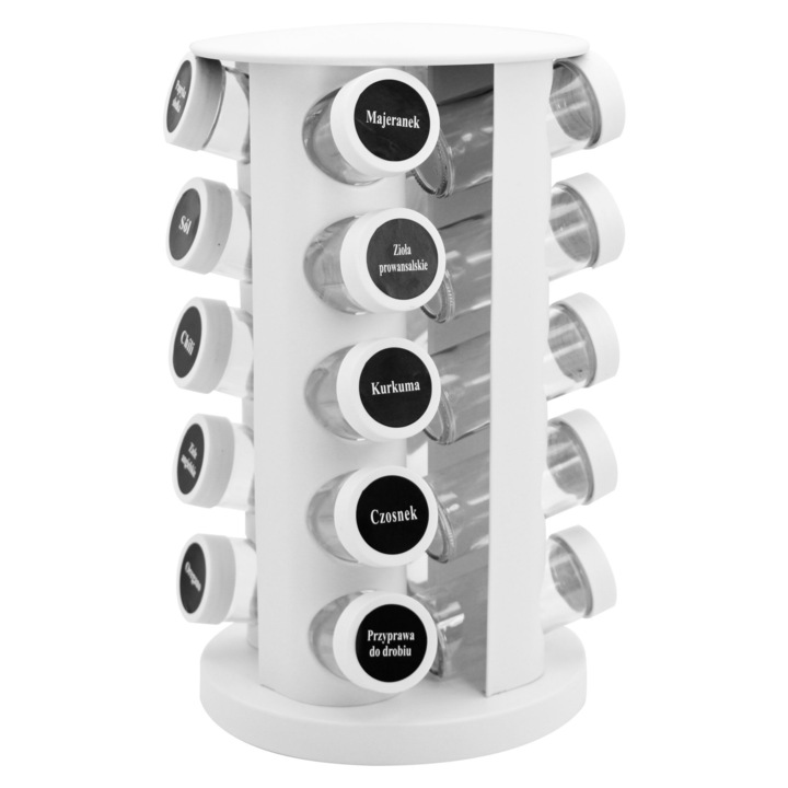 Brunbeste forgó fűszertartó, 20 edény, rozsdamentes acél, üveg, matt fehér, 16,5x16,5x33,5cm