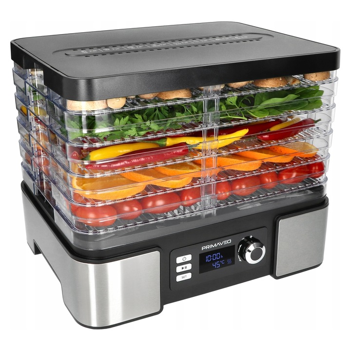 Deshidrator Primaveo 12L, 450W, 5 tavite, termoregulator, argintiu-negru