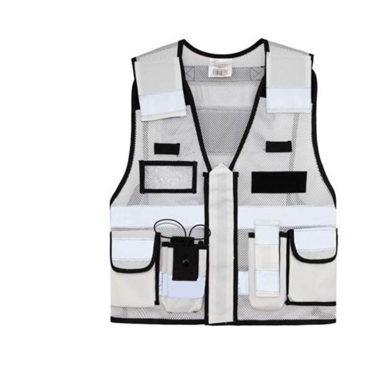 Vesta unisex tactica mesh SPARTA, benzi reflectorizante, buzunare multiple, fermoar frontal, ajustabila, Korntex KXMTAC, White, 2XL/4XL