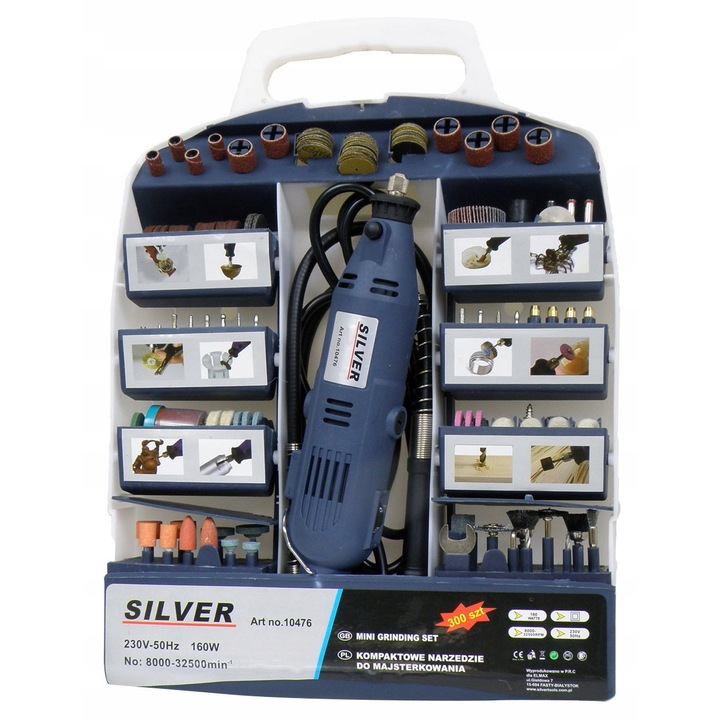 Polizor multifunctional SilverTools 160W, set 300 accesorii, 8000-32500rpm, 230V, compact