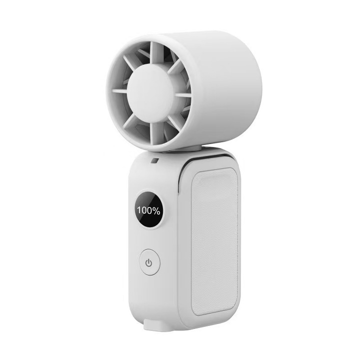 Hordozható ventilátor, Aiorber, összecsukható, mágneses rögzítés, tartóval, digitális kijelző, 5 sebességfokozat, derékcsipesz, 350°-os forgatás, 40°-ban állítható hátsó csipesz, fehér