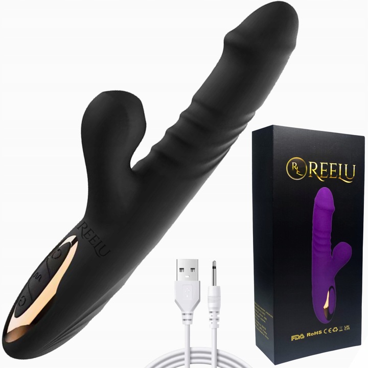 Вибратор 3в1, Reelu, 7 режима на вибрация, контролиран чрез приложение, 24.5см, медицински силикон, черен