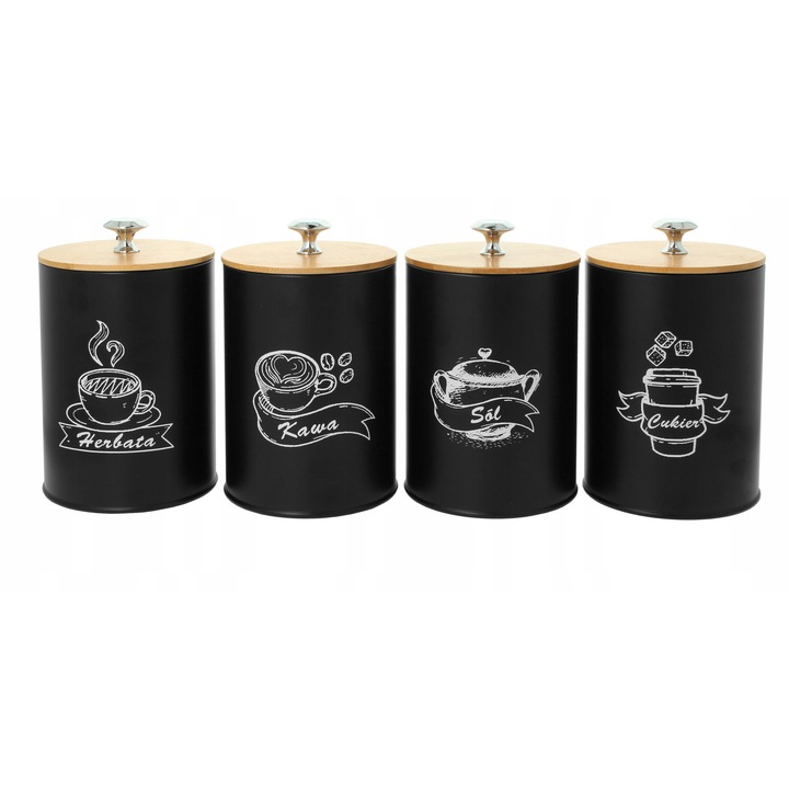 Krisberg 4 darabos élelmiszertartó készlet, fekete, festett acél, bambusz tető, 16x11cm