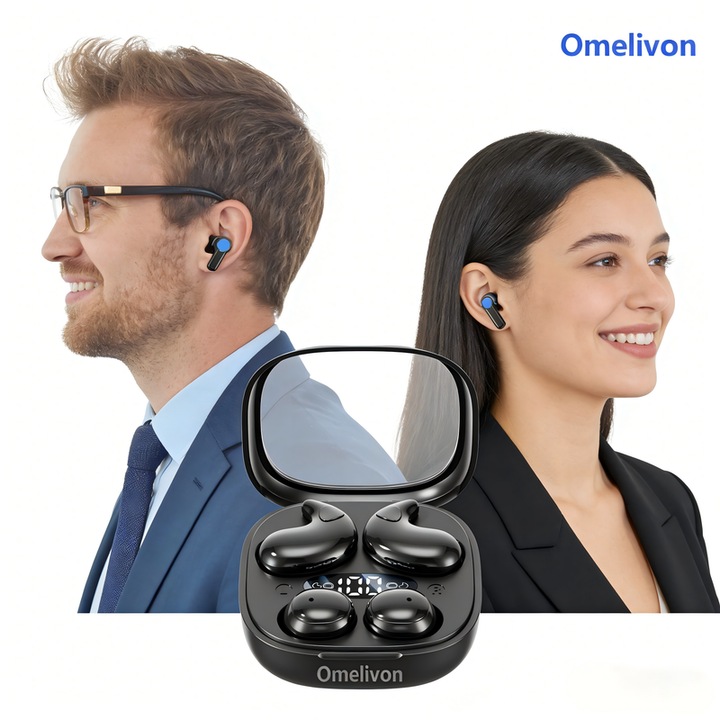 Casti inteligente pentru traducere® Omelivon，Suporta utilizarea simultana de catre doua persoane，Traducere in timp real, traducere fata in fata, procese-verbale ale sedintei, suporta 144 de limbi, inclusiv romana, bulgara si maghiara，Bluetooth 5.4，negru