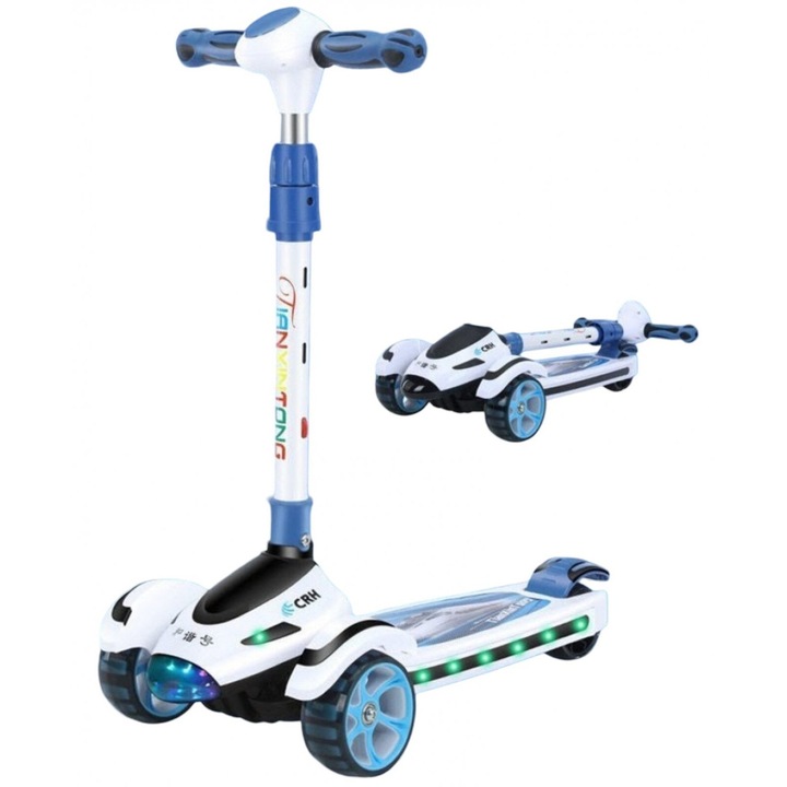 Trotineta pentru Copii cu 3 Roti, Lumini LED si Muzica, Ghidon Reglabil, Design Avion, Alb-Albastru, Greutate Maxima 60 kg