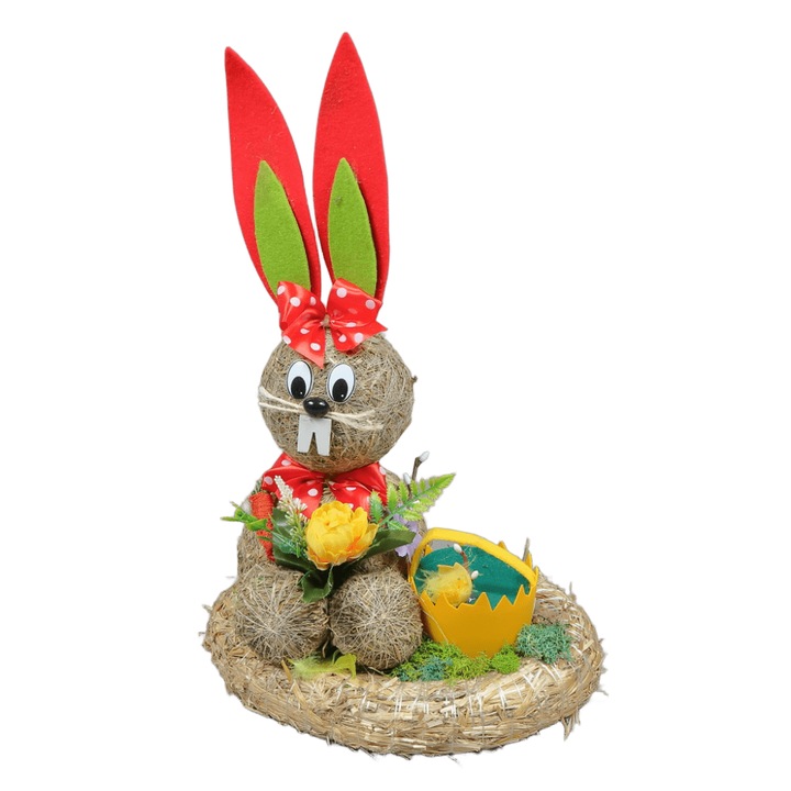 Iepuras decorativ de Paste cu flori si puisor, din fibre naturale, 88 cm – decor rustic primavaratic, rosu-verde-natur