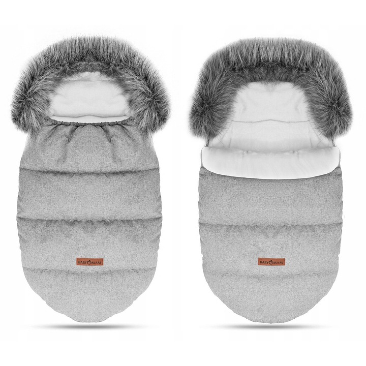 Sac de dormit pentru copii Babymam, 90x45cm, impermeabil, cu gluga si blanita detasabila, gri deschis