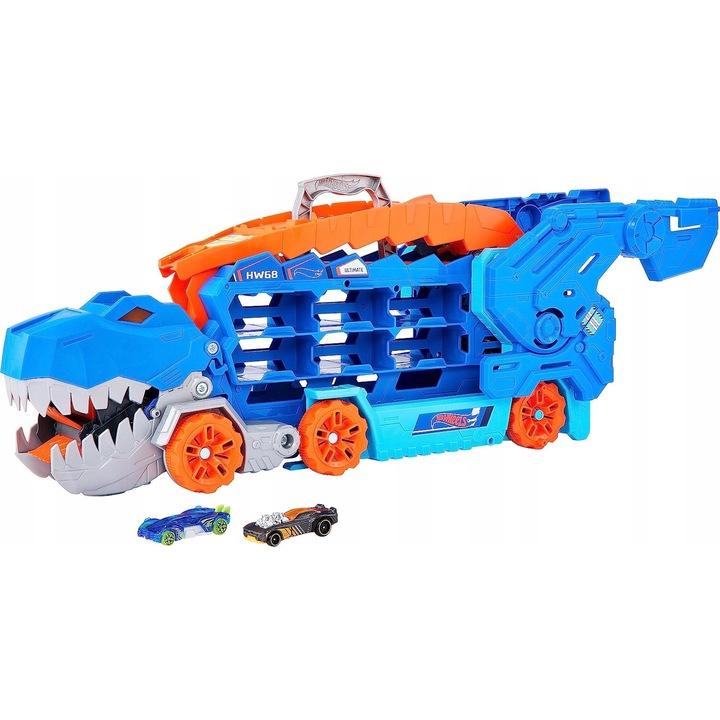 Set Hot Wheels T-Rex Mega Transporter, 2 vehicule 1:64, multicolor, pentru baieti, de la 4 ani