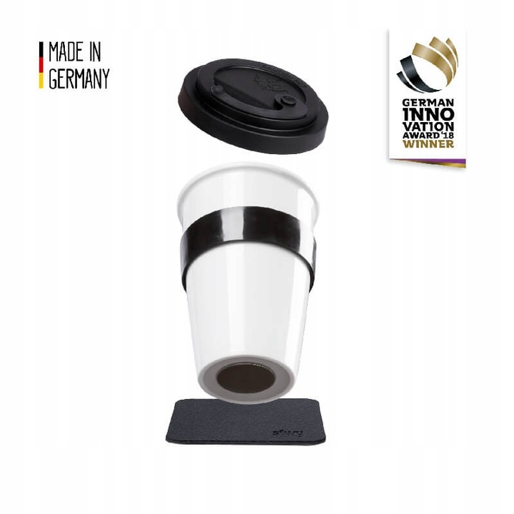 Cana Silwy TO-GO S038-1403-1-B, din portelan, cu baza magnetica si capac vidat cu clapeta, alb, 350 ml