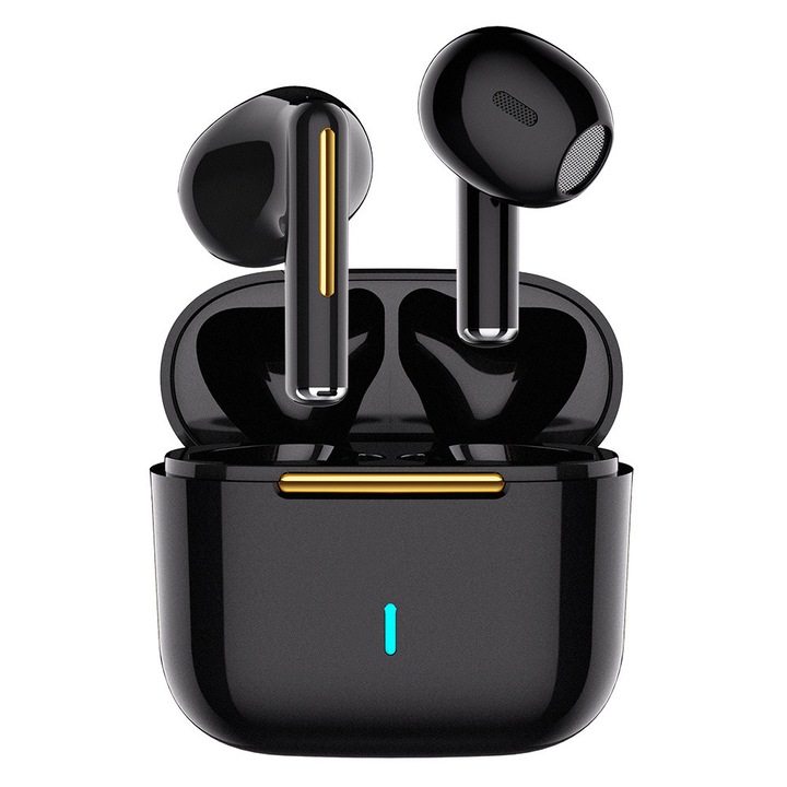 Casti wireless cu noise cancelling, Casti Bluetooth 5.3, fara fir, in ear, audio Hi-Fi, bass, microfon HD dual, handsfree, telefon compatibilitate universala, Negru