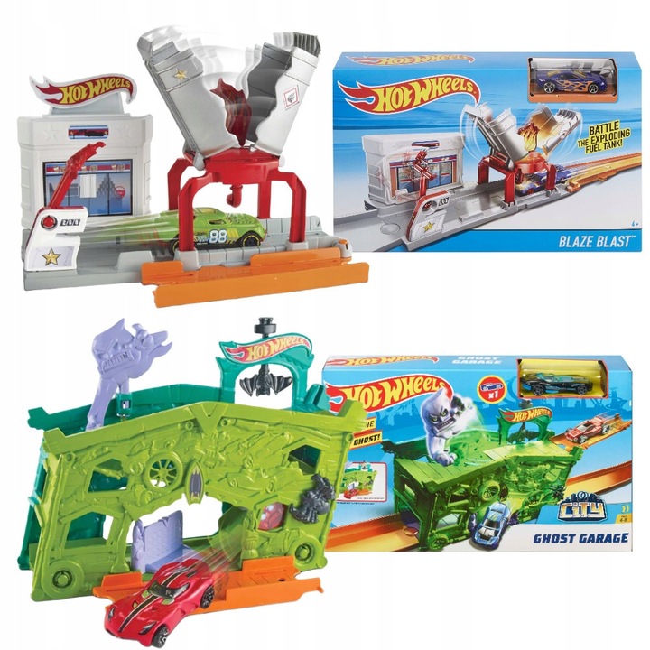 Set Hot Wheels, masinute, garaj, 2 autovehicule