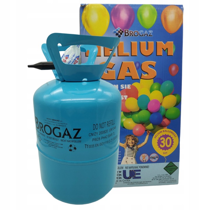 Héliumos palack 7L, Brogaz, akár 30 lufi felfújásához, hordozható kialakítás, egyszeri használat