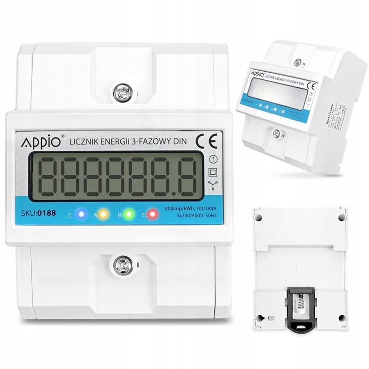 Licznik de energie 3-fazic, Appio, montare pe sina DIN, 10(100)A, 100x76x65mm