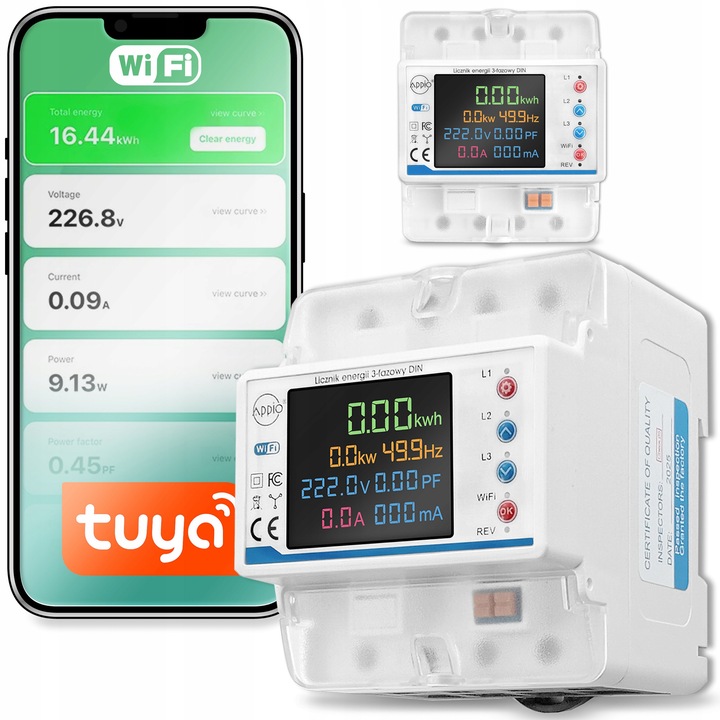 Трифазен електромер Appio TUYA WiFi, мониторинг на енергия, 89.5x75.3x76mm