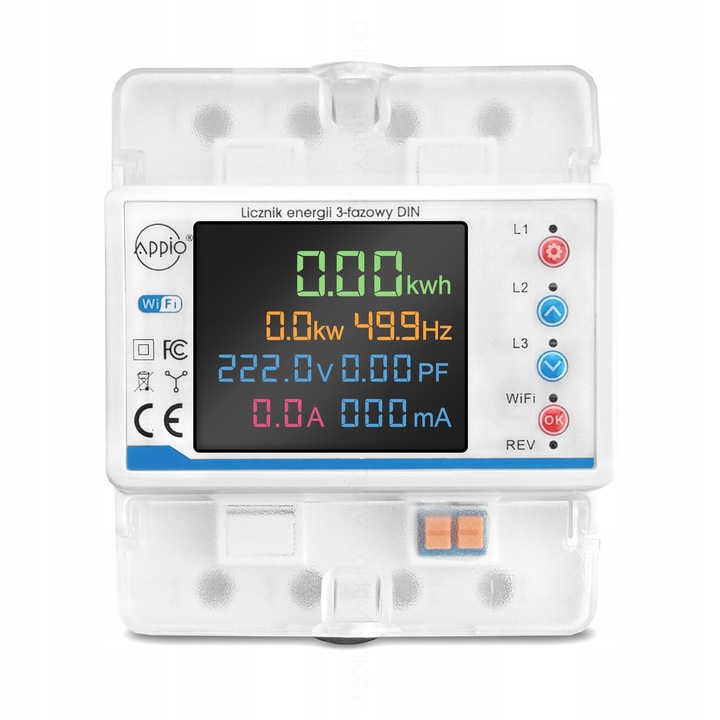 Contor de energie electrica 3-fazic, Appio, montaj pe sina DIN, monitorizare in timp real, 89,5x75,3x76mm