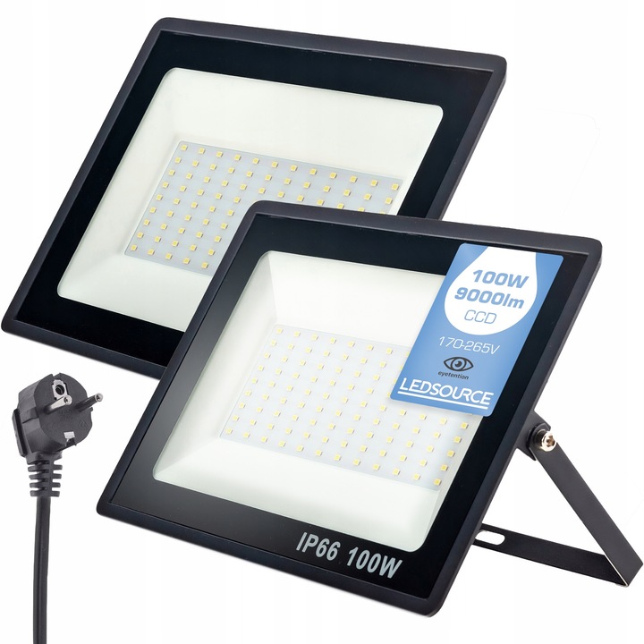 Set proiectoare LED 200W cu stativ, 2x 100W, 4500K, IP66, dimensiuni 26,5x19,5x2,5cm