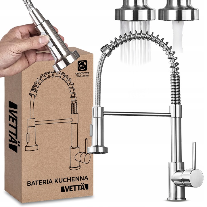 Baterie bucatarie VETTA, crom, 53cm, cu wylewka rotativa si 2 moduri de jet, set complet