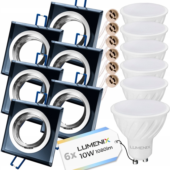 Készlet 6x Bec LED GU10 10W mozgatható négyzet alakú üvegkerettel, Szín: Meleg (~2900K) vagy Semleges (~4500K) vagy Hideg (~6000K), Méretek: 90x90mm